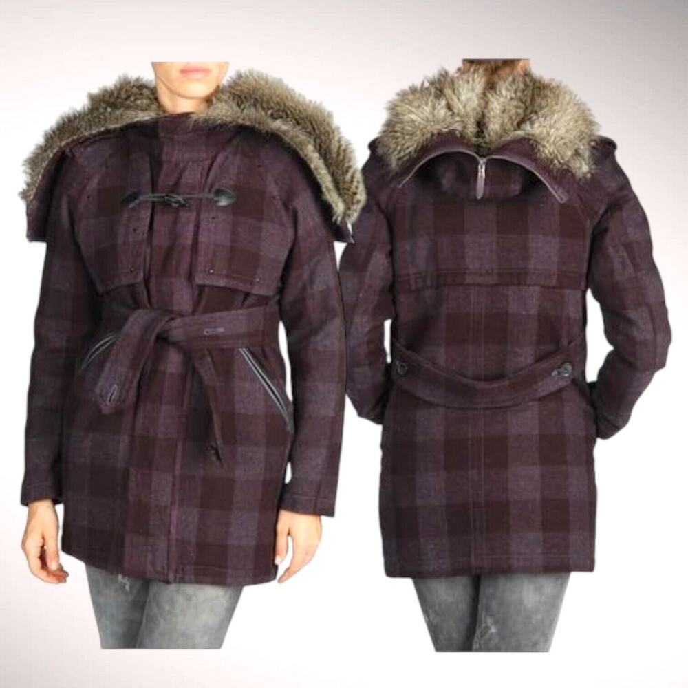 DIESEL Genuine Sheep Fur Wool Convertible Hood Plaid Parka Coat Jacket Maroon S